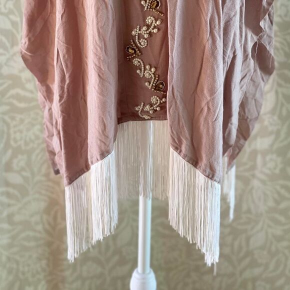 Rare Boho Fringe Poncho Raw Hem Beaded Rhinestones Glam Festival Size‎ S/M - Picture 7 of 8